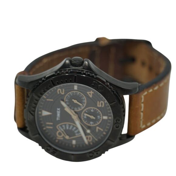 Timex Camel Brown Leather Black Dial Retrograde Quartz Watch - Picture 4 of 6